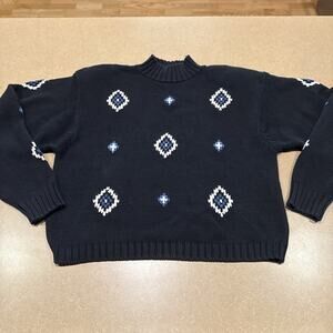 Vintage Liz Sport Sweater Sz L Geometric Cotton Preppy Old Money Boxy 90s Y2K